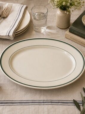 1948 Vintage Warwick China 12" Green Stripe Restaurant Stoneware Serving Platter